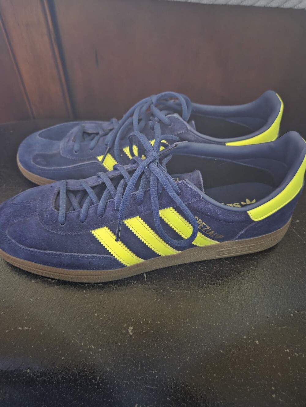 adidas Spezial Men’s Navy Suede Sneakers with Neon Yellow Stripes